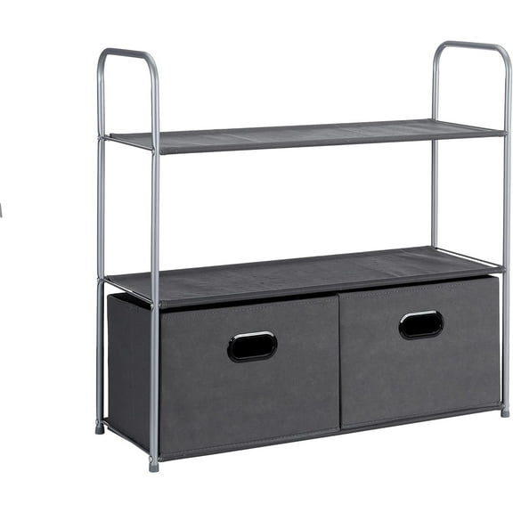 Basic wardrobe storage rack with fabric storage boxes, drawers, and 3 shelves, grey, dimensions: 32.7 inches x 12.2 inches x 31 inches.