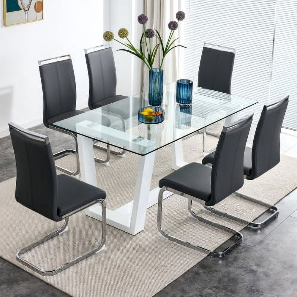 BSHTI Glass Dining Table Large Modern Minimalist Rectangular for 6-8 with 0.4" Tempered Glass Tabletop and white MDF Trapezoid Bracket,For Kitchen Dining Living Meeting Room Banquet Hall