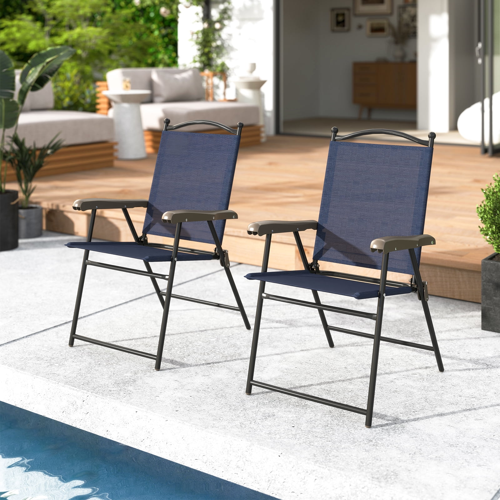 Gymax Patio Folding Chairs Set of 2 Outdoor Dining Chairs w/ Ergonomic Backrests & Armrests