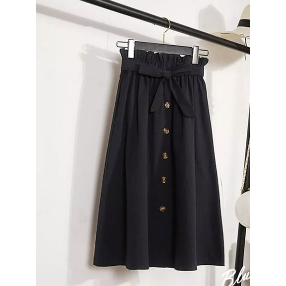 Summer Autumn Skirts Womens Midi Knee Length Korean Elegant Button High Waist Skirt Female Pleated School Skirt