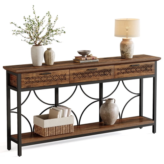 Fnova 70.9" Industrial Console Table with 3 Drawers, Extra Long Entryway Table with Storage, Narrow Sofa Table for Living Room, Foyer