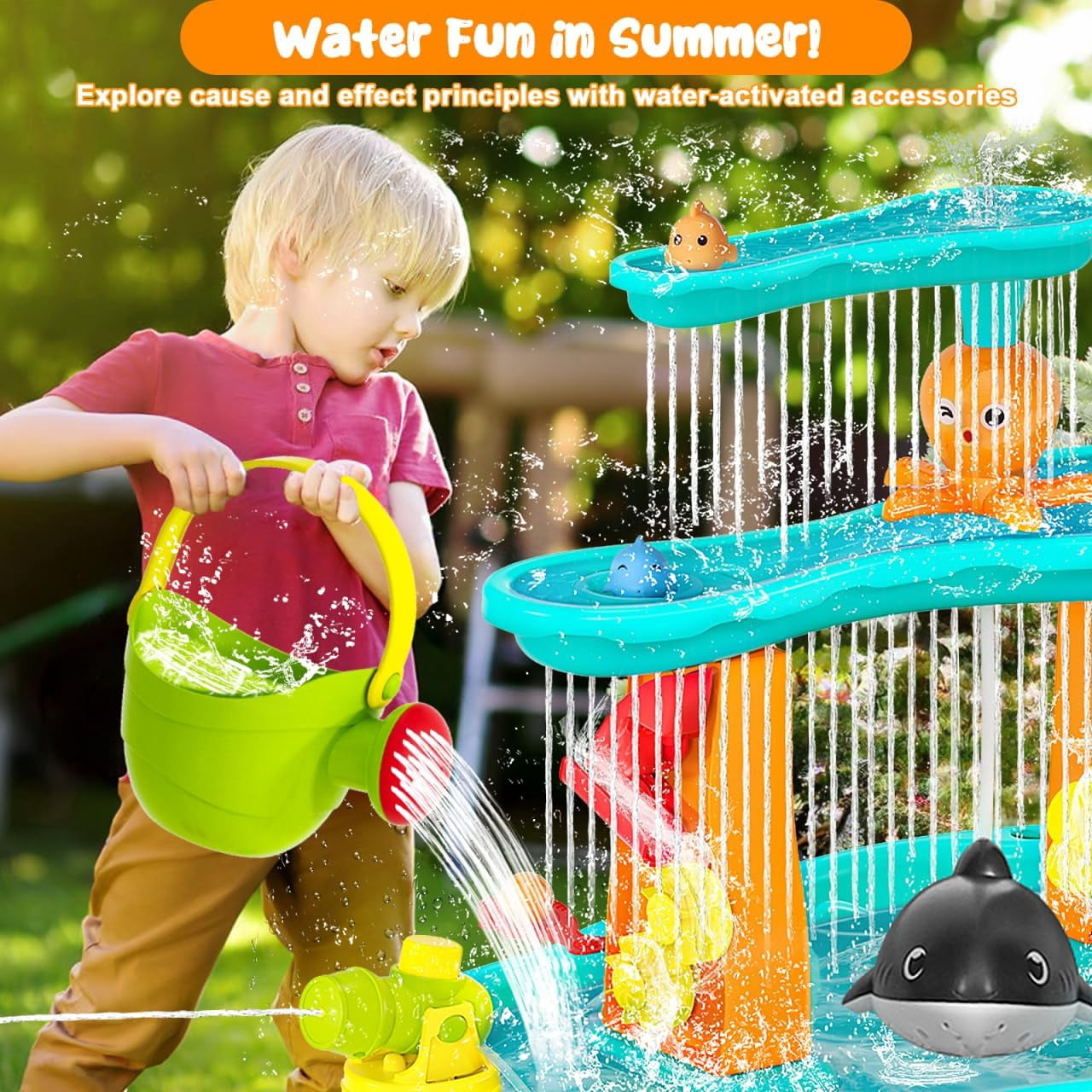 Toddler Water Table, Auto Water-Absorbing 3-Tier Kids Water and Sand Activity Table with Umbrella & 20PCS Water Toy Accessories, Outdoor Water Play Toys Sensory Playset Summer Gift for Age 3+