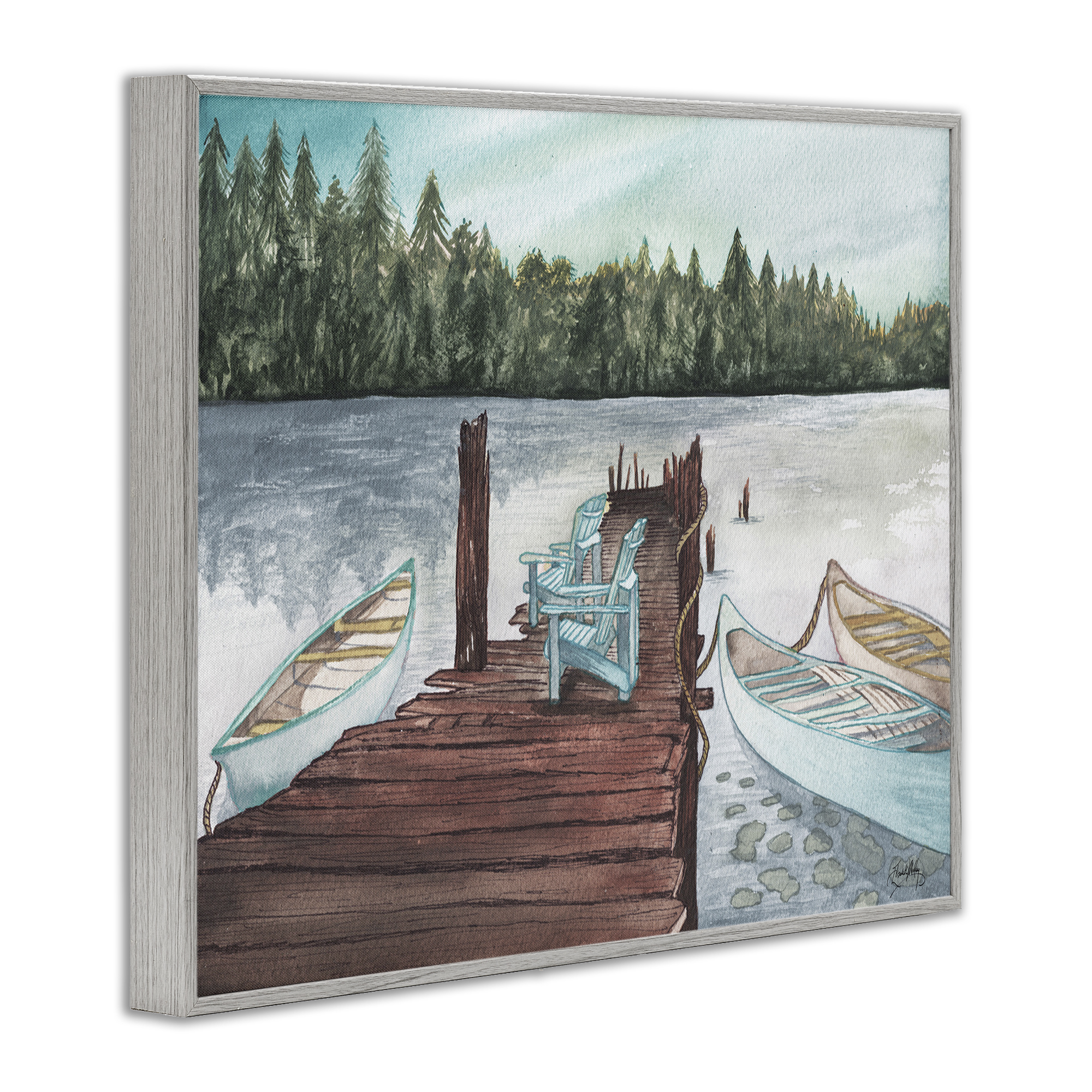 Stupell Industries Canoes at Lake Dock Landscape Painting Gray Framed Art Print Wall Art, 30 x 24