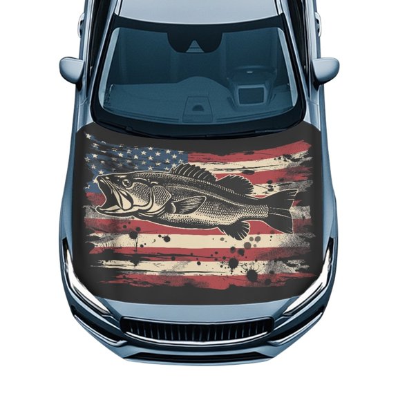 Pzuqiu Car Hood Cover Protector With Patriotic Bass Fish Print - Universal Fit Automotive Accessory for Fishing Enthusiasts