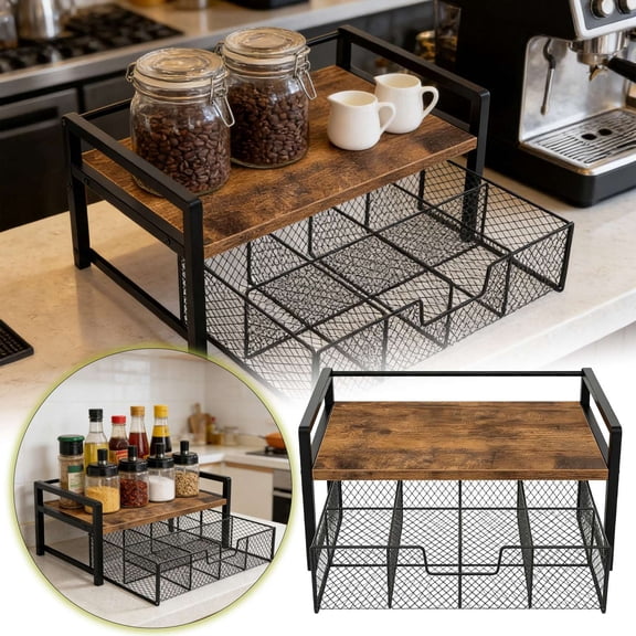 2-Tier Pull Out Storage Shelf with Wooden Top & Metal Wire Drawers Countertop Organizer Rack for Kitchen, Coffee Bar, Desktop, Pantry, Bathroom Use