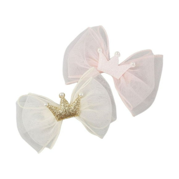 WEUVEB Tiara Crown 2Pcs Hair Bows Clips Pink Beige 5.1x3.7x1.2in For Girls Toddlers Special Days