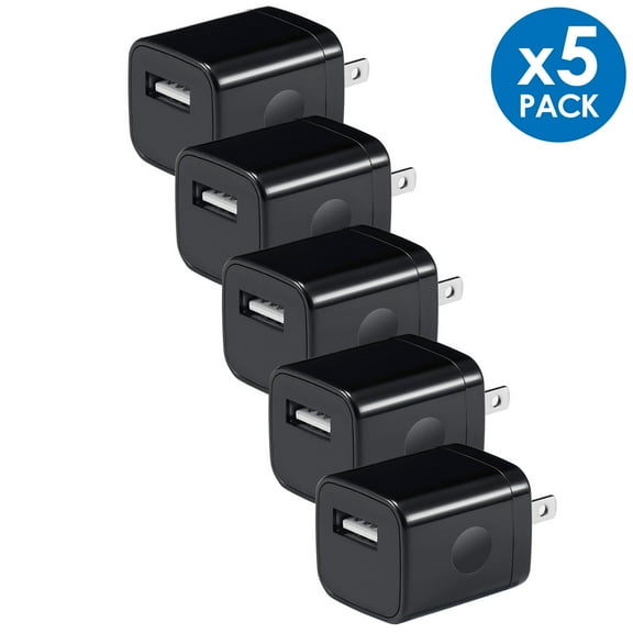 Wall Charger Cube,1A/5V Single Port USB Wall Plug 5 Pack Travel Black Charging Block Box Adapter Compatible iPhone,Samsung Galaxy A21 A51 A71 S20 S10 S9 S8,A10e,A90,Note20/10,Moto G7 G6,LG Stylo 6/5/4