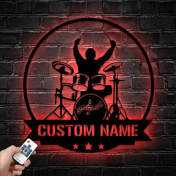 Craftnamesign Custom Drummer Metal Wall Art Led Light, Personalized Drum Name Sign Home Décor