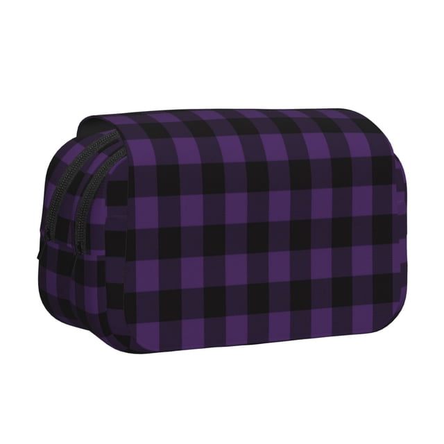 Disketp Purple Black Plaid Estuche de Lápices de Doble Capa con Tapa Abatible y Cremallera, Organizador Escolar para Adolescentes y Adultos