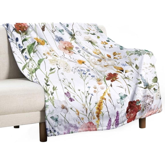 Floral Throw Blanket for Bed Sofa, 40"x50" Super Soft Warm Cozy Fluffy Plush Blanket, Watercolour Colorful Flower Herb Nature Plant Floral Flannel Couch Blanket for Travel Camping