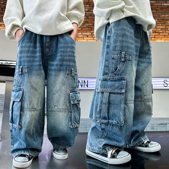 Boys Cargo Trousers with Fully Elastic Waist Regular Fit Comfortable Casual Pants for Kids and Youth Tween Kids Summer Soft Comfy Trousers Y2K Streetwear Cute Basic Pants