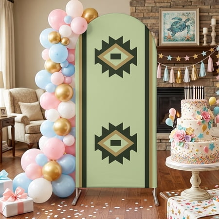 Boho Geometric Arch Backdrop Covers 7.2 FT Green Ethnic Tribal Striped Argyle Modern Stretchy Fitted Arched Stand Covers Party Arch Stand Cover Photo Booth for Wedding Birthday Decor
