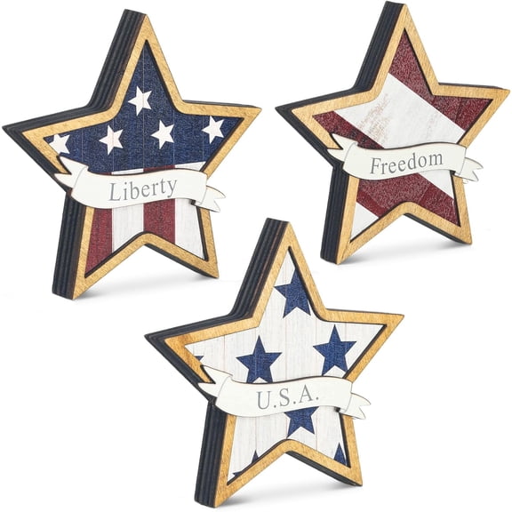 4th of July Wooden Star Decor, 3 Pcs Patriotic Table Decoration for Independence Day, Memorial Day, Tiered Tray(A)