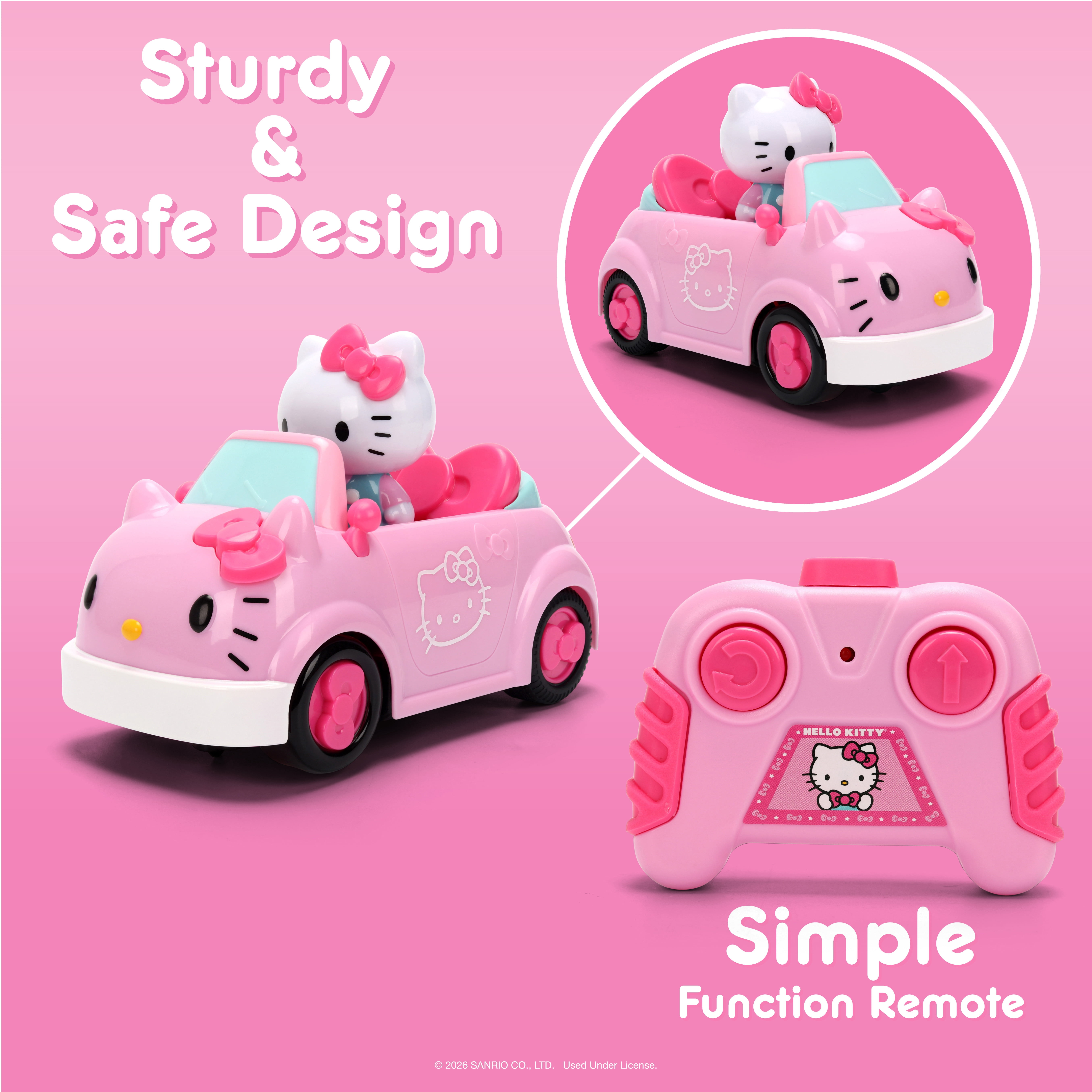 Hello Kitty RC Car 1:32 Scale Vehicle – Simple Function Remote Control Pink Convertible with Non-Removable Figure by Jada Toys