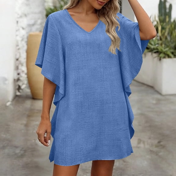 Women's Casual V Neck Mini Shift Dress Loose Flutter Short Sleeve Solid Texture Batwing Sleeve Tunic Dress Fashion Elegant Party Cocktail Clubwear Night Out