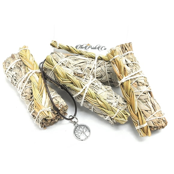 4" White Sage Sticks (4) + Sweetgrass & Tree of Life Necklace