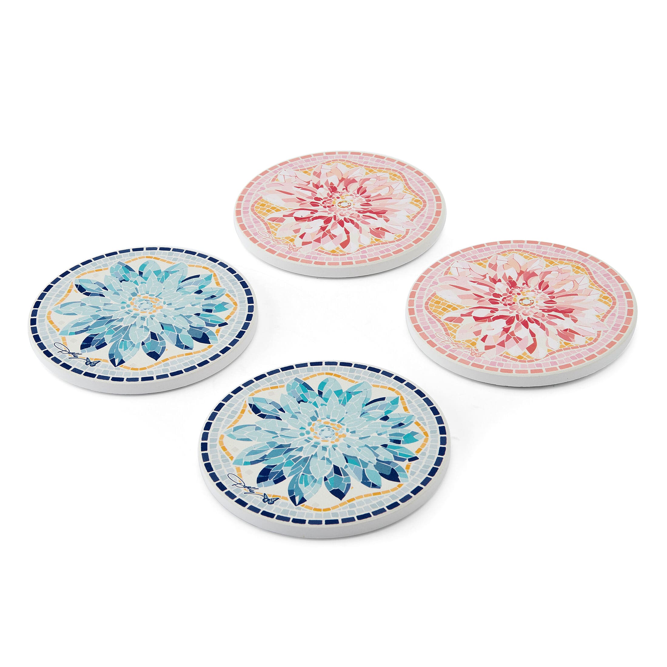 Dolly Parton 8.5 in Blue Red Mosaic Flower Ceramic Coasters