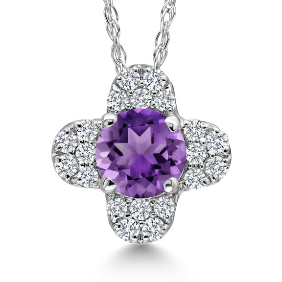Gem Stone King 10K White Gold Purple Amethyst and White Lab Grown Diamond Pendant Necklace for Women | 0.33 Cttw | Gemstone February Birthstone | Round 4MM | With 18 inch Chain