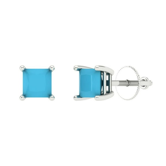 1 ct Screw-Back Stud Earrings for Women | 4.5mm Princess Cut Simulated Turquoise | 18K White Gold