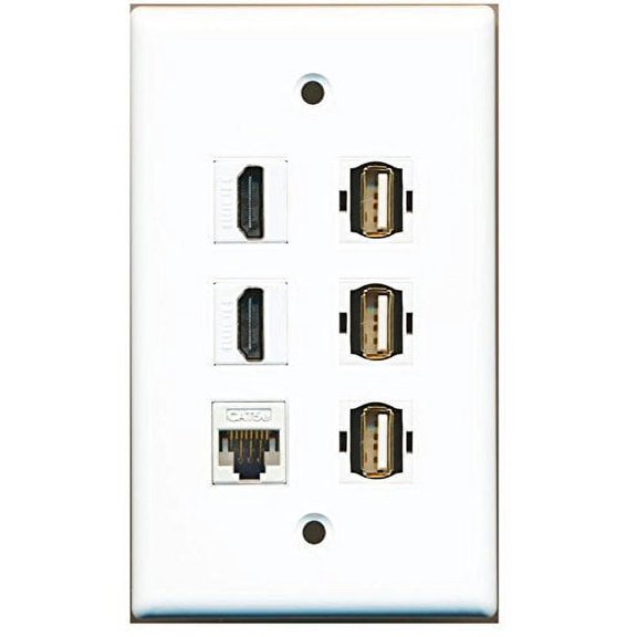 RiteAV 2 HDMI - 1 Cat5e Ethernet White and 3 USB A-A Wall Plate White