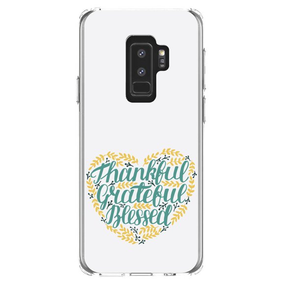 DistinctInk Clear Shockproof Hybrid Case for Samsung Galaxy S9  PLUS (6.2" Screen) - TPU Bumper, Acrylic Back, Tempered Glass Screen Protector - Thankful / Grateful / Blessed - Heart Flowers