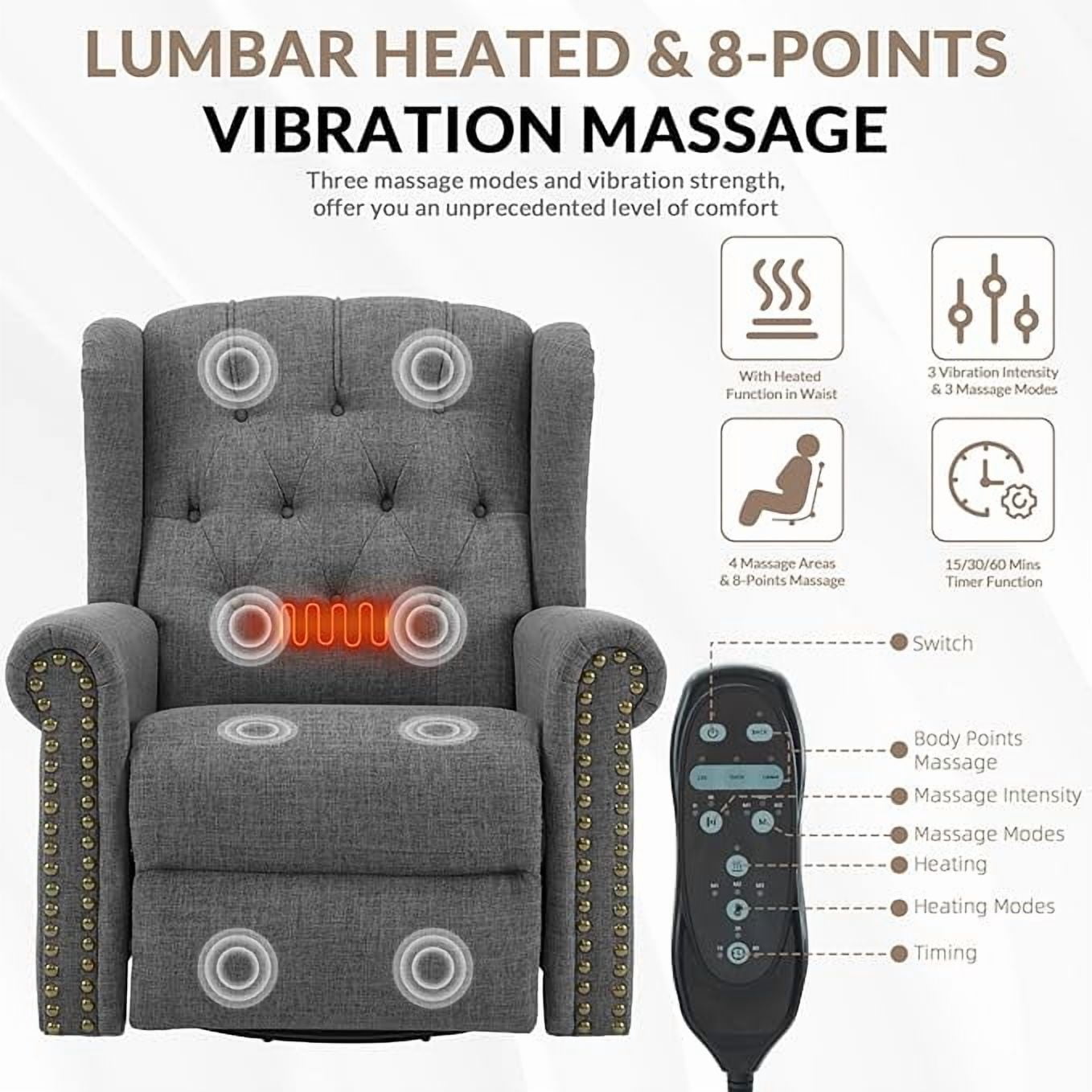 EPICOZY Power Swivel Rocking Glider Recliner Chair with Massage and Heat, Electric Nursery Glider Rocker for Living Room, Wingback Tufted Upholstered Recliner Chair with Type-C & USB Ports, Grey