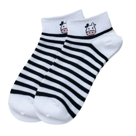 

Women Summer Short Ankle Socks Korean Harajuku Sweet Milk Cow Pattern Black White Striped Print Shallow Cotton Hosiery