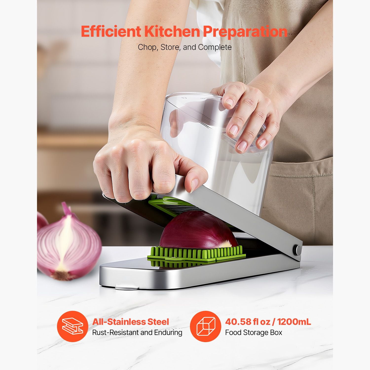 Vegetable Chopper, 3 Interchangeable Blade Sizes (0.2/0.47/0.71 Inch), 420 Stainless Steel Blades, 40.58 fl oz Container, Dishwasher Safe, 3-Step Easy Operation