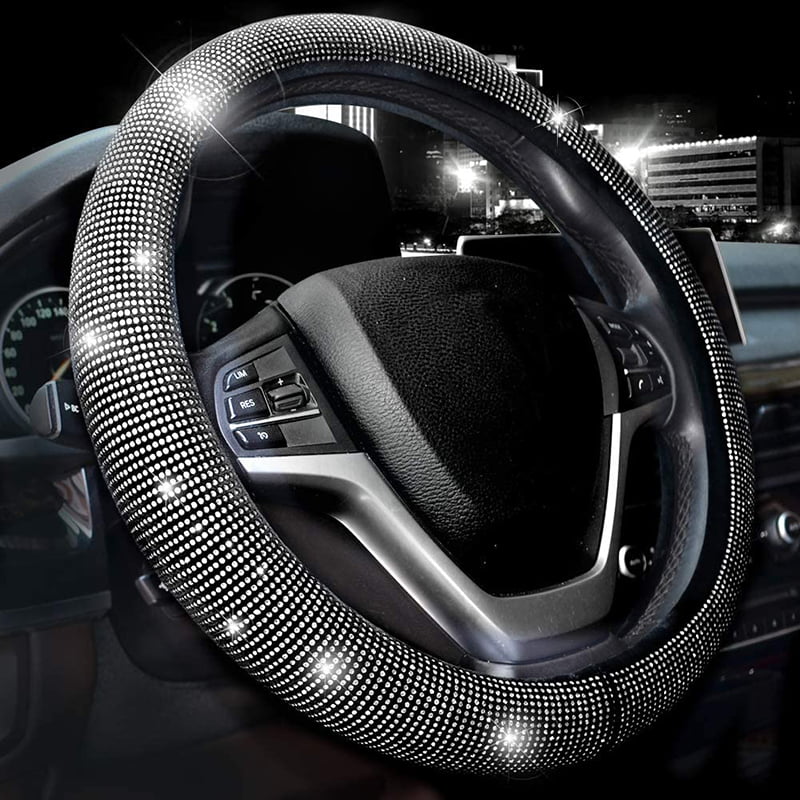 Black HAOKAI Premium Super Girly Diamond Steering Wheel Cover with Bling Bling Crystal Rhinestones Universal Size 15 Inch Anti-Slip Leather PU 