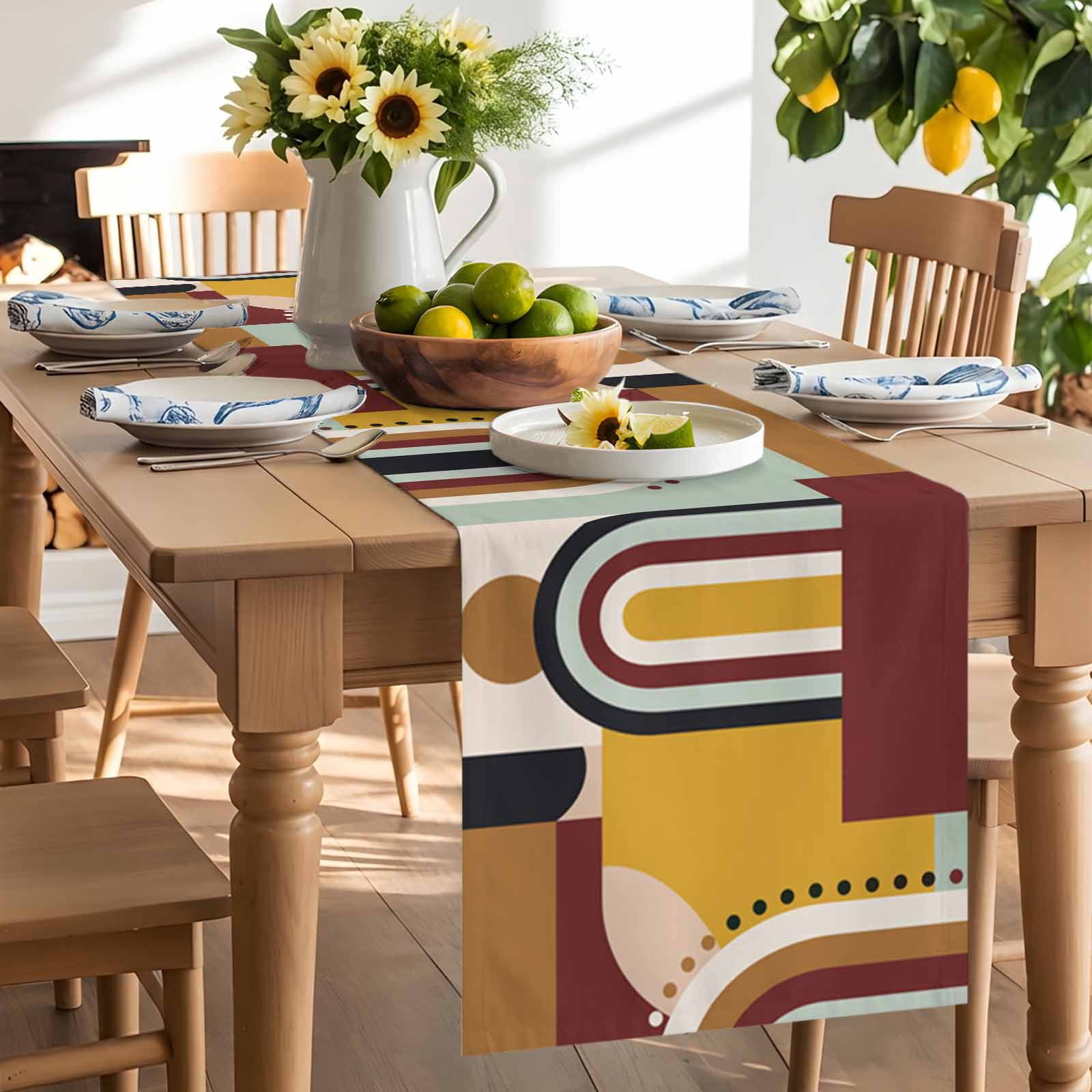Mid Century Abstract Ethnic Art Table Runner 90 Inches Long, Yellow Brown Geometric Color Block Table Runners Tabletop Scarf Kitchen Dining Tables Decoration for Home Party Indoor Outdoor