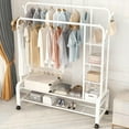 thumbnail image 3 of Clothes Rack with 4 Shelves, 3 In 1 Double Rods Metal Clothing Rack with Wheels & 4 Hooks, Portable Heavy Duty Garment Rack with Double Bottom Shelves, Freestanding Organizer for Bedroom, White, 3 of 13