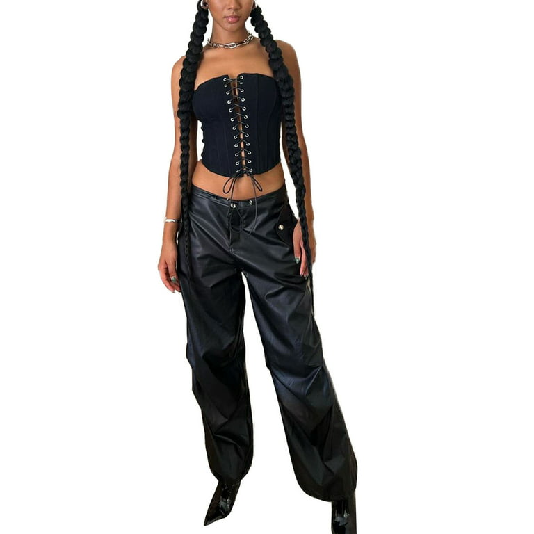 Sunisery Women Low Waist Faux Leather Cargo Pants Drawstring Waist Baggy Jogger  Pants with Pockets Streetwear Black XL 