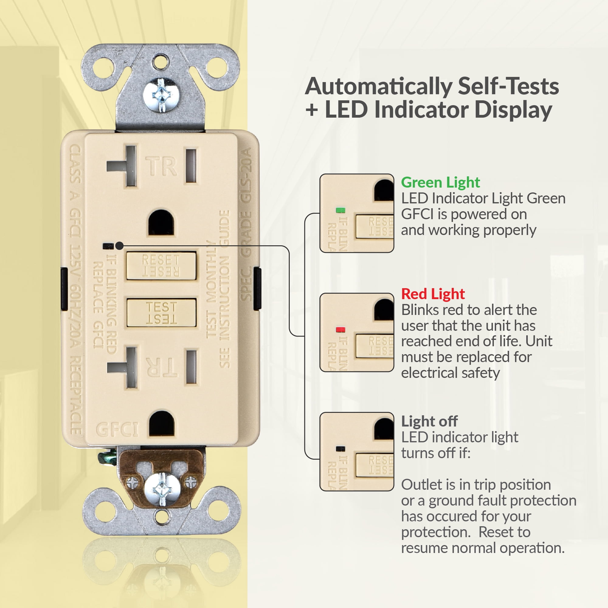 Faith 20A GFCI Outlets, Slim, Tamper-Resistant GFI Receptacles, Ivory, 3 Pack