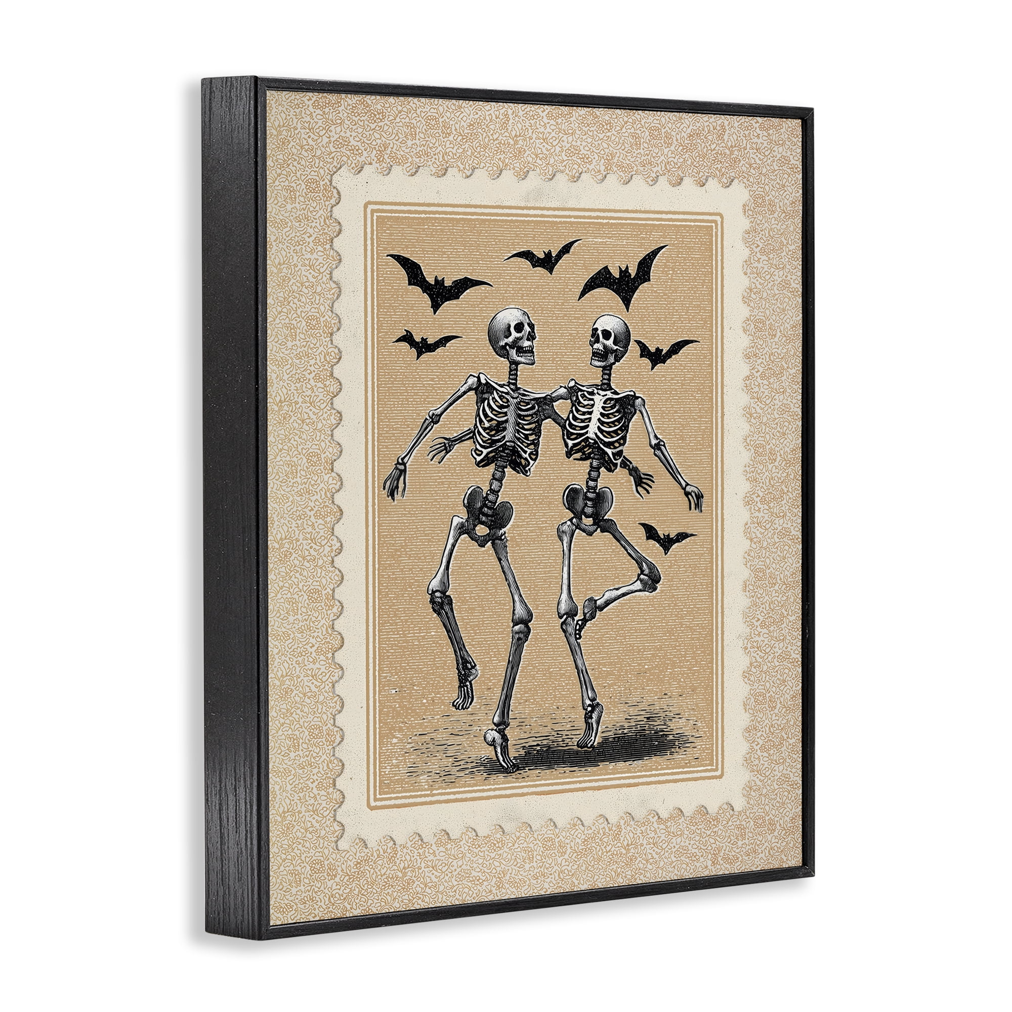 Vintage Dancing Skeletons Stamp Black Framed Giclee Art, design by Arlington Prints