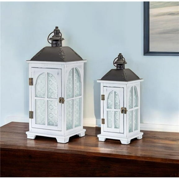 HomeRoots 517616 White & Black Glass Wood & Metal Ornate Floor Lantern Candle Holders - Set of 2