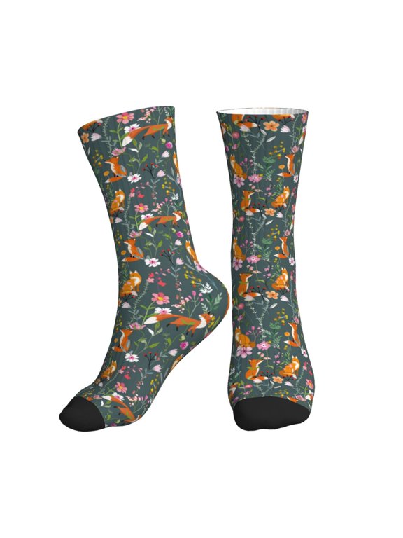 Crew Socks for Women Men Athletic - Wolf Fox In Flower Forest Soft Comfort Breathable Mid-Calf Sole Running Socks Womens Men