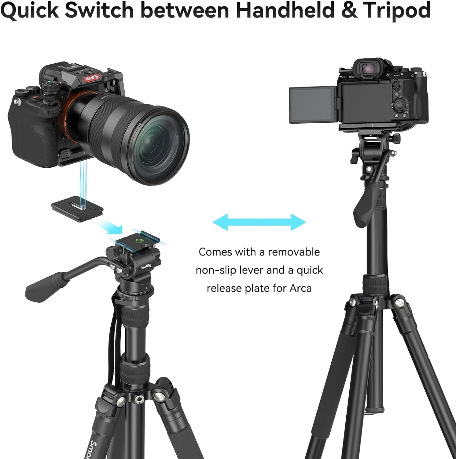 SmallRig CT180 Video Tripod, 72" Camera Tripod Monopod with Fluid Head, Aluminum Camera Tripod, 360° Panorama Fluid Head for Travel, Video, Live Streaming, Vlogging- 3760B