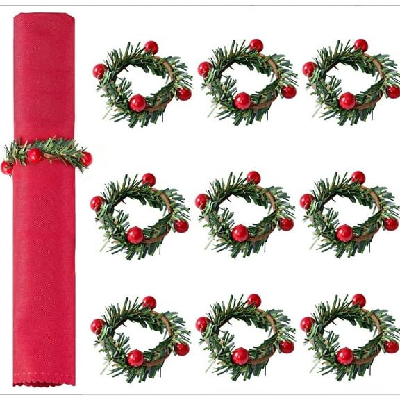 Christmas Napkin Rings Set of 10 Red Berry Wreath Napkin Holder （2.36×2.36in）