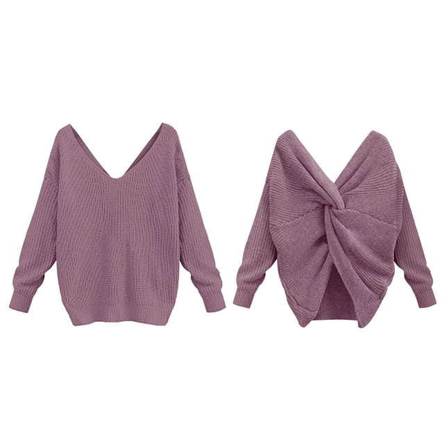 Women's Two Piece V Neck Knotted Over Open Back Knit Sweater Topdacron