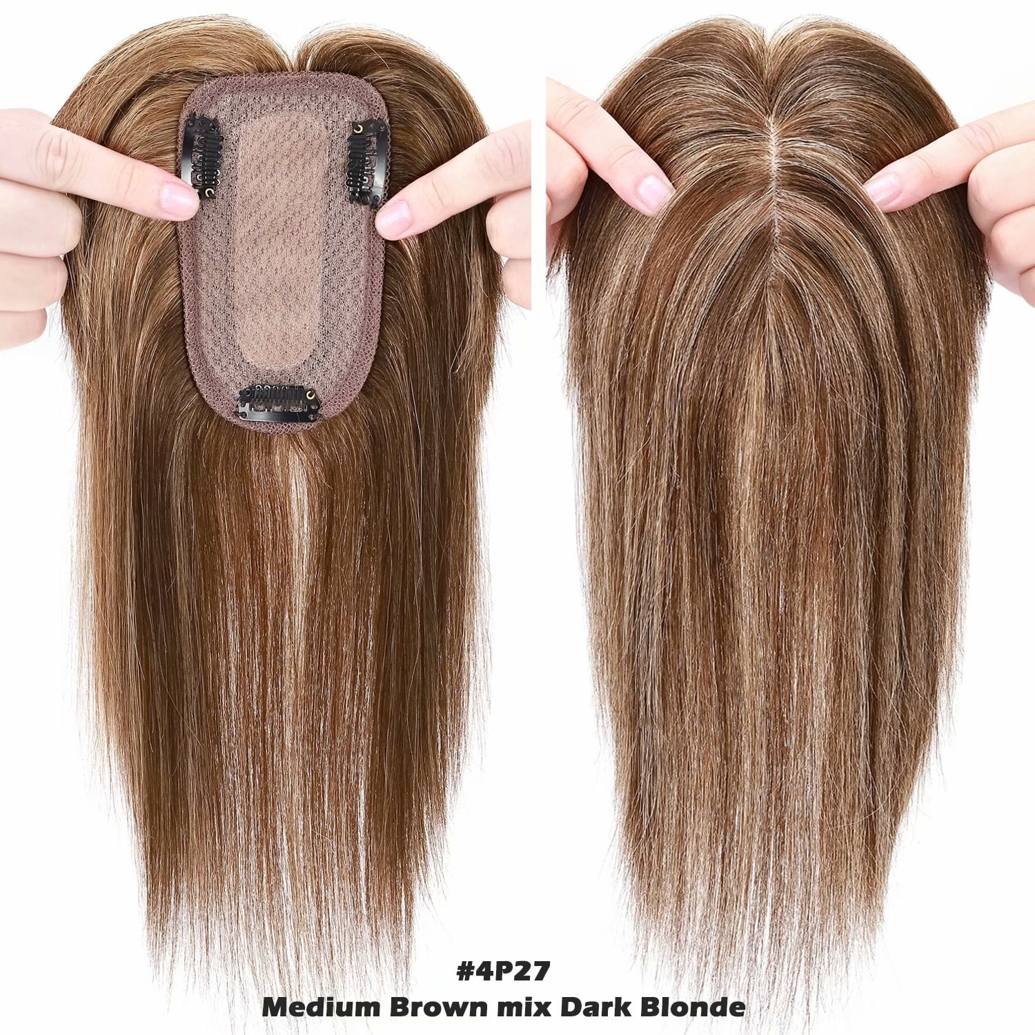 Benehair 100% Real Remy Human Hair Extensions Clip In Hairpiece Topper with Bang Toupee Women Hair Loss Silk Base Highlight Blonde Hair