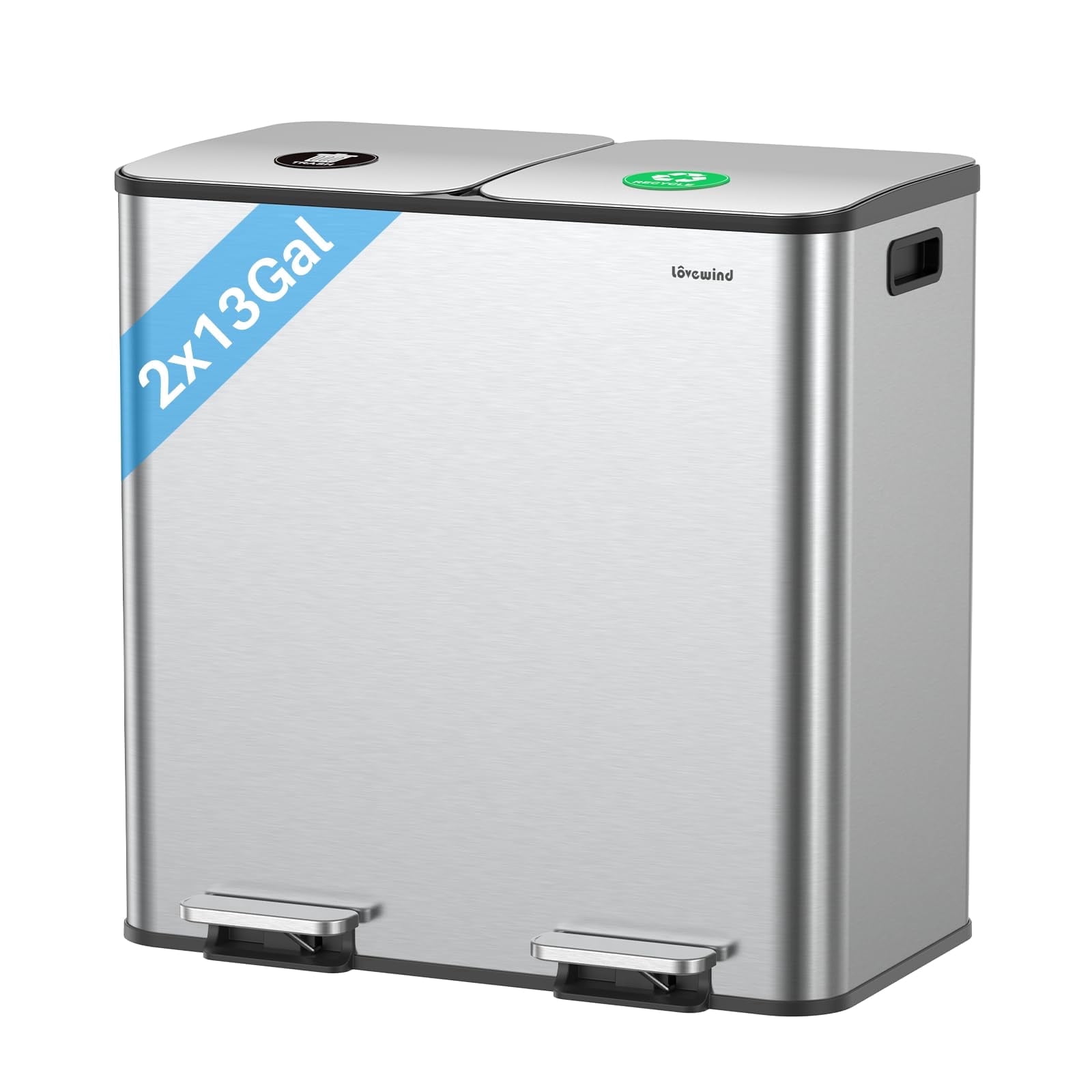 Dual Trash and Recycling Bins for Kitchen, 2×13 Gallon (2× 50L) Stainless Steel Trash and Recycle Bin Combo with Soft-Close Lid, Large Garbage Cans for Kitchen Home with 2 Magnets Sticker, Silver