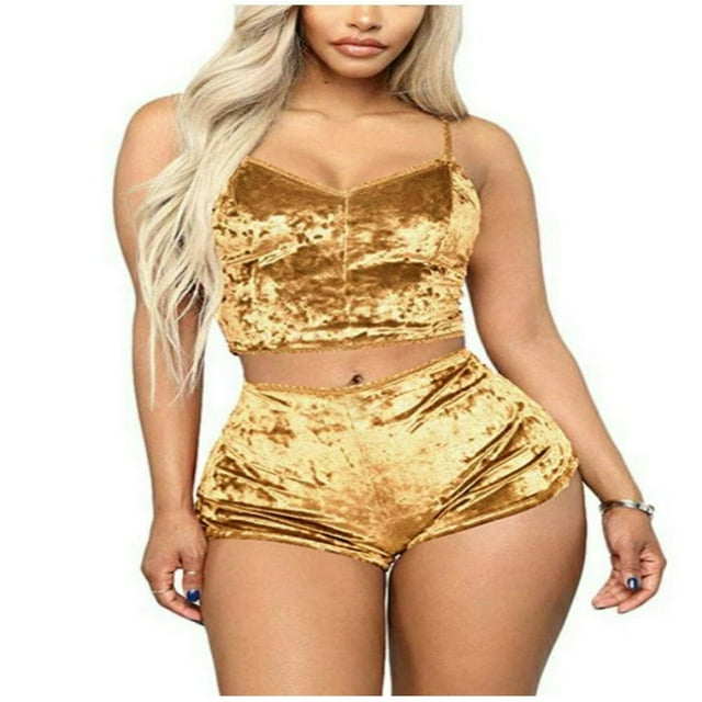 AMERTEER Ensemble de Pyjama 2 Pcs pour Femmes en Velours Col en V Chemise de Nuit Shorts Or S