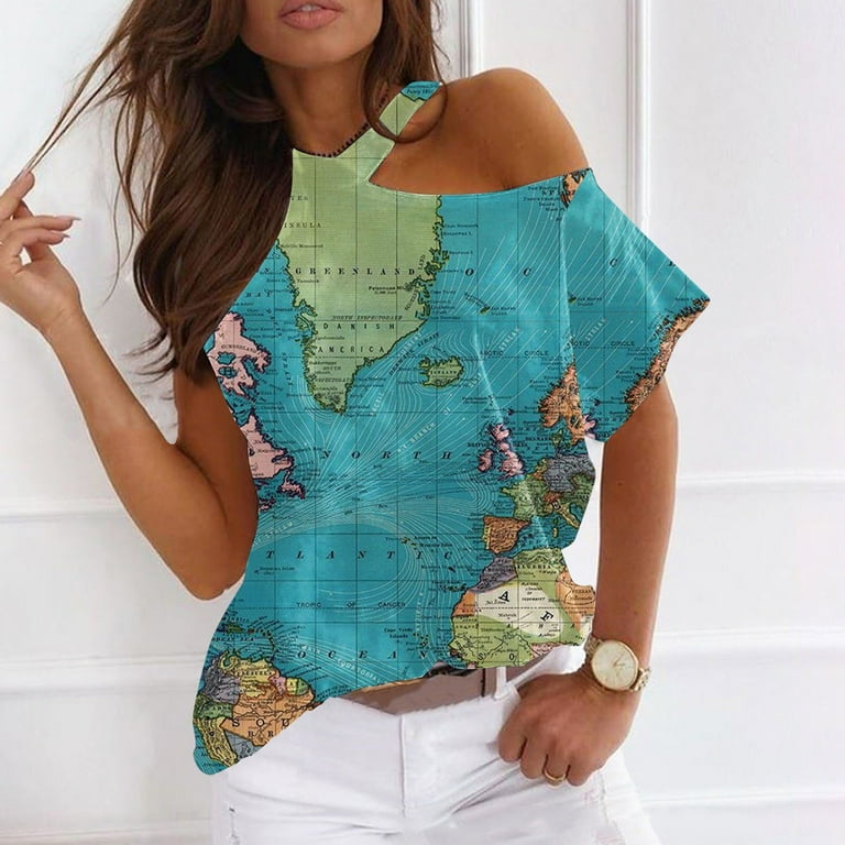 USSUMA T Shirts for Women Trendy World Map Print Sexy Cold Shoulder Graphic Womens Blouses and Tops Dressy Casual Summer Off the shoulder Short Sleeve