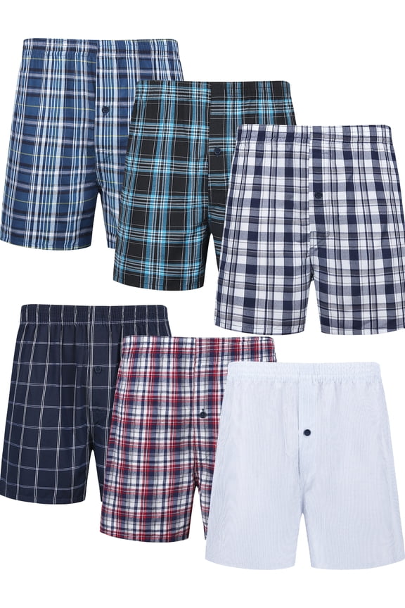Men's Boxer Shorts Cotton Classic Plaid Woven Boxers for Men Soft Breathable Mens Underwear with Button Fly Assorted Colors, 6 Pack