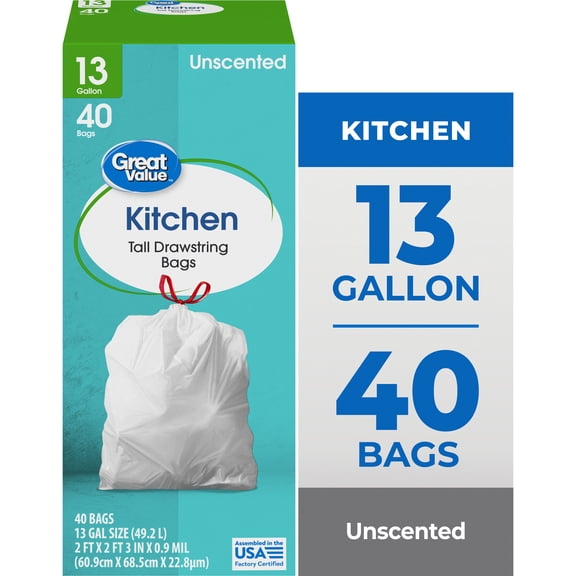 Great Value Tall Kitchen Trash Bags, 13 Gallon (Drawstring)