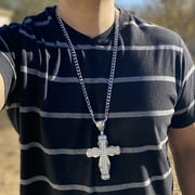 Mens Huge Flared Cross Fully Iced Pendant Cuban Link Hiphop Necklace Silver Tone Hip Hop Chain 30 Inch