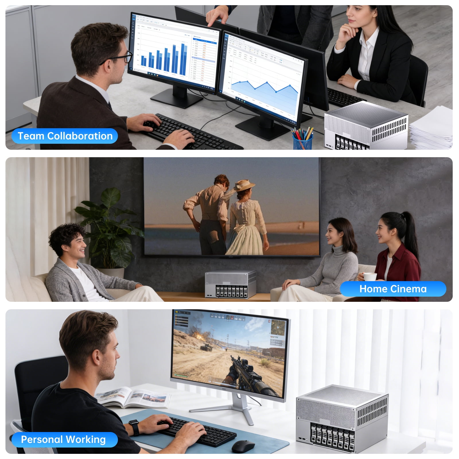 Thdeukoty Desktop NAS 8-Bay, Ultra 9 285H AI CPU, 32GB LPDDR5X 8400Mhz RAM, 2 x 10GbE, 2 x M.2 NVMe Slots, HD/DP, PCIe 4.0 x 8 Slot, USB 4, Support Dual System Network Attached Storage (Diskless)