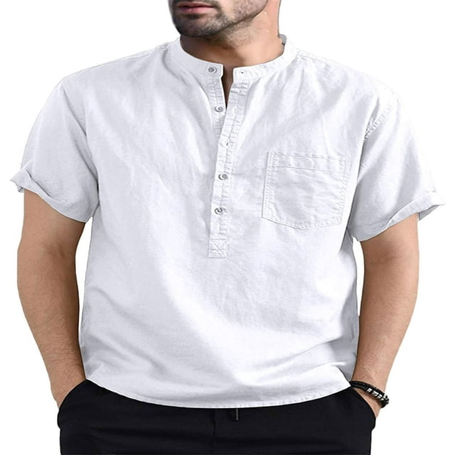 Men‘s Stylish Casual Basic Short-Sleeved Shirt Solid Color Henley Collar Top With Pockets Buttons