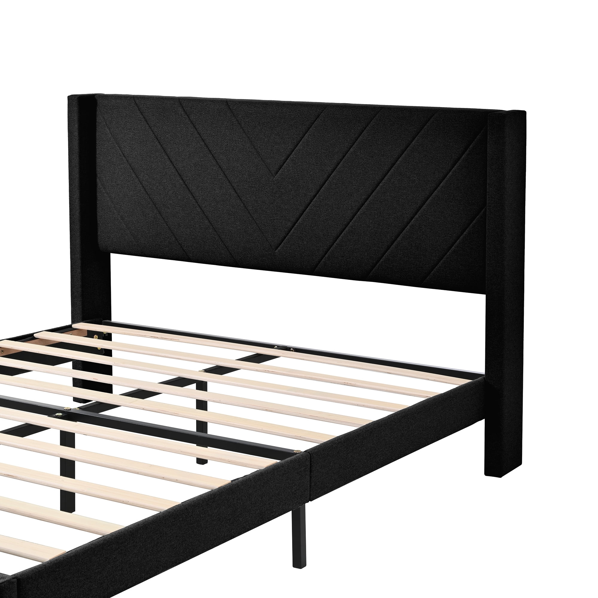 Queen Size Platform Bed Frame with Wingback Upholstered Headboard, Sturdy Wooden Slats Support, Easy to Assembly, Black