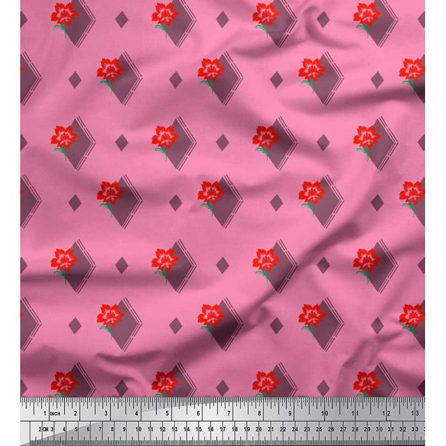 Soimoi Velvet Fabric Diamond Shape & Floral Artistic Printed Fabric 1 Yard 58 Inch Wide